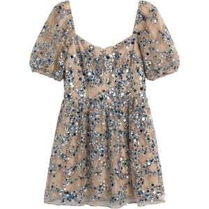TCEC Womens Sequin Puff Sleeve Mini Dress Beige Silver Blue M Homecoming Dress